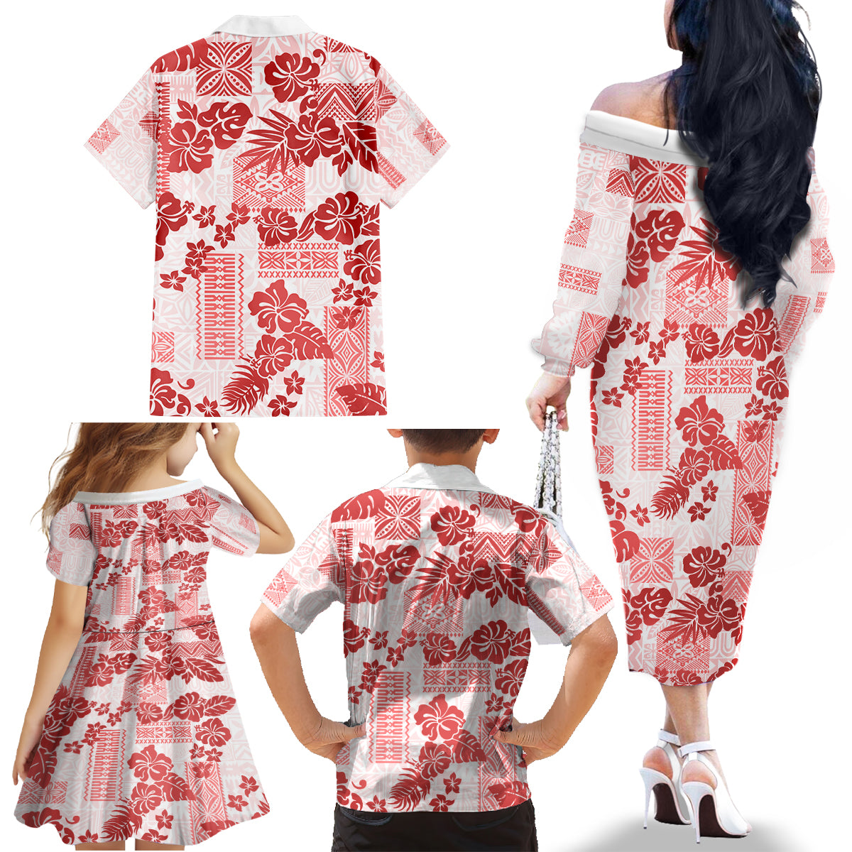 Vintage Hawaii Family Matching Off Shoulder Long Sleeve Dress and Hawaiian Shirt Hibiscus Tapa Tribal With Hawaiian Quilt Pattern Red LT9 - Polynesian Pride