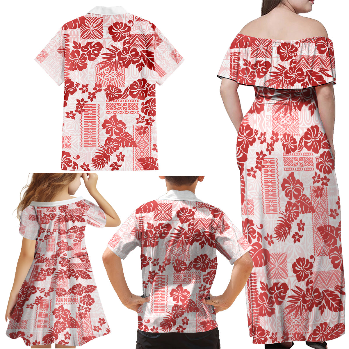 Vintage Hawaii Family Matching Off Shoulder Maxi Dress and Hawaiian Shirt Hibiscus Tapa Tribal With Hawaiian Quilt Pattern Red LT9 - Polynesian Pride