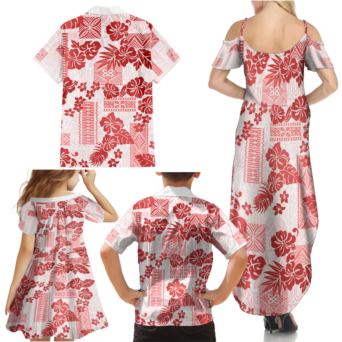 Vintage Hawaii Family Matching Summer Maxi Dress and Hawaiian Shirt Hibiscus Tapa Tribal With Hawaiian Quilt Pattern Red LT9 - Polynesian Pride