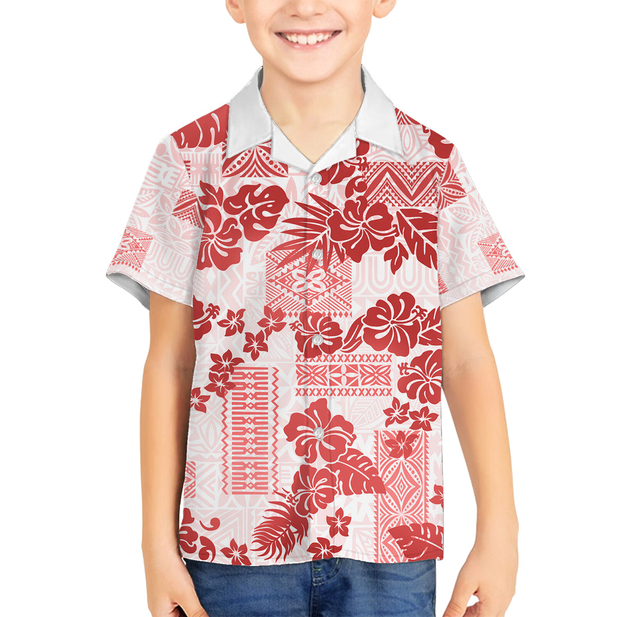 Vintage Hawaii Family Matching Summer Maxi Dress and Hawaiian Shirt Hibiscus Tapa Tribal With Hawaiian Quilt Pattern Red LT9 Son's Shirt Red - Polynesian Pride