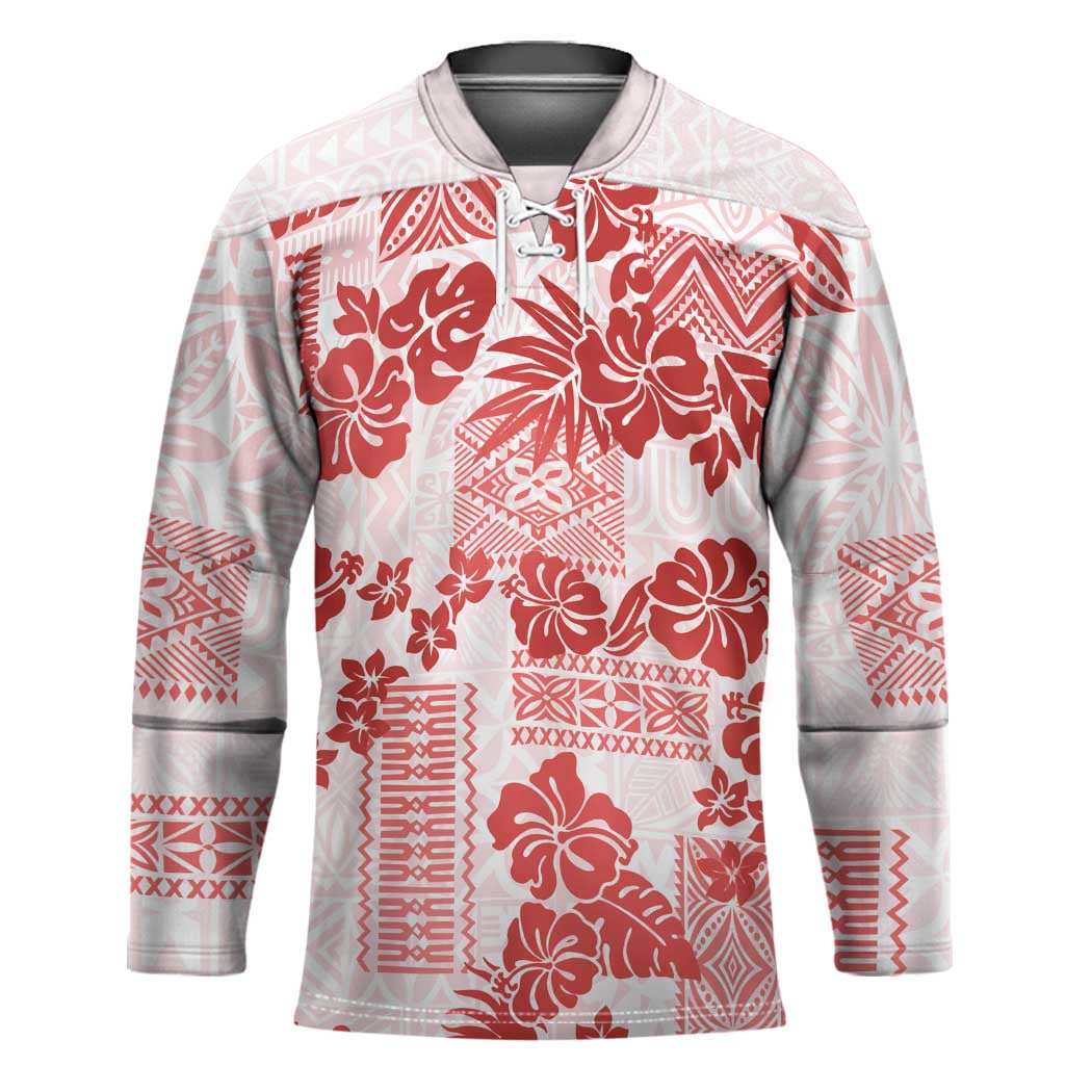 Vintage Hawaii Hockey Jersey Hibiscus Tapa Tribal With Hawaiian Quilt Pattern Red LT9 Unisex Red - Polynesian Pride