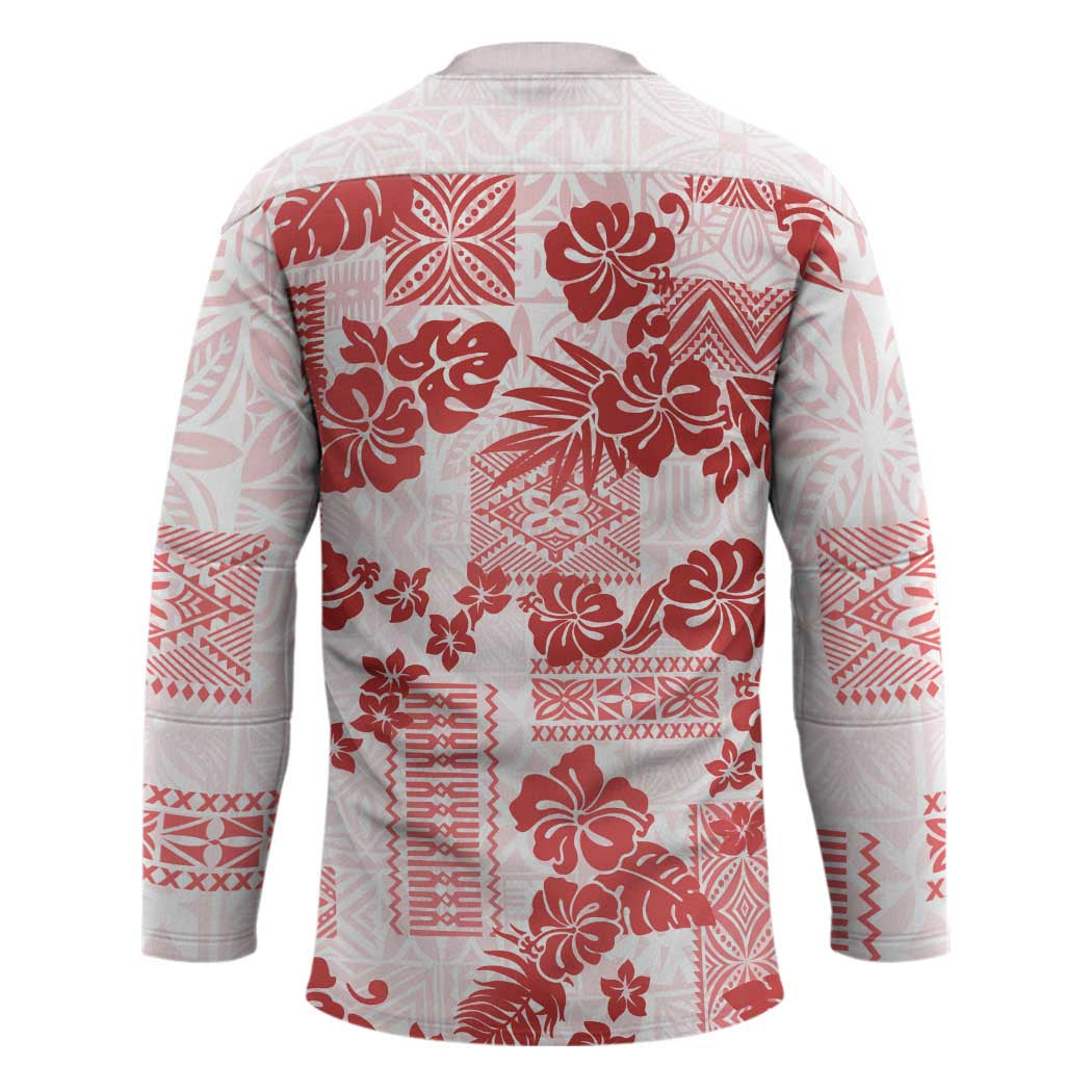 Vintage Hawaii Hockey Jersey Hibiscus Tapa Tribal With Hawaiian Quilt Pattern Red LT9 - Polynesian Pride