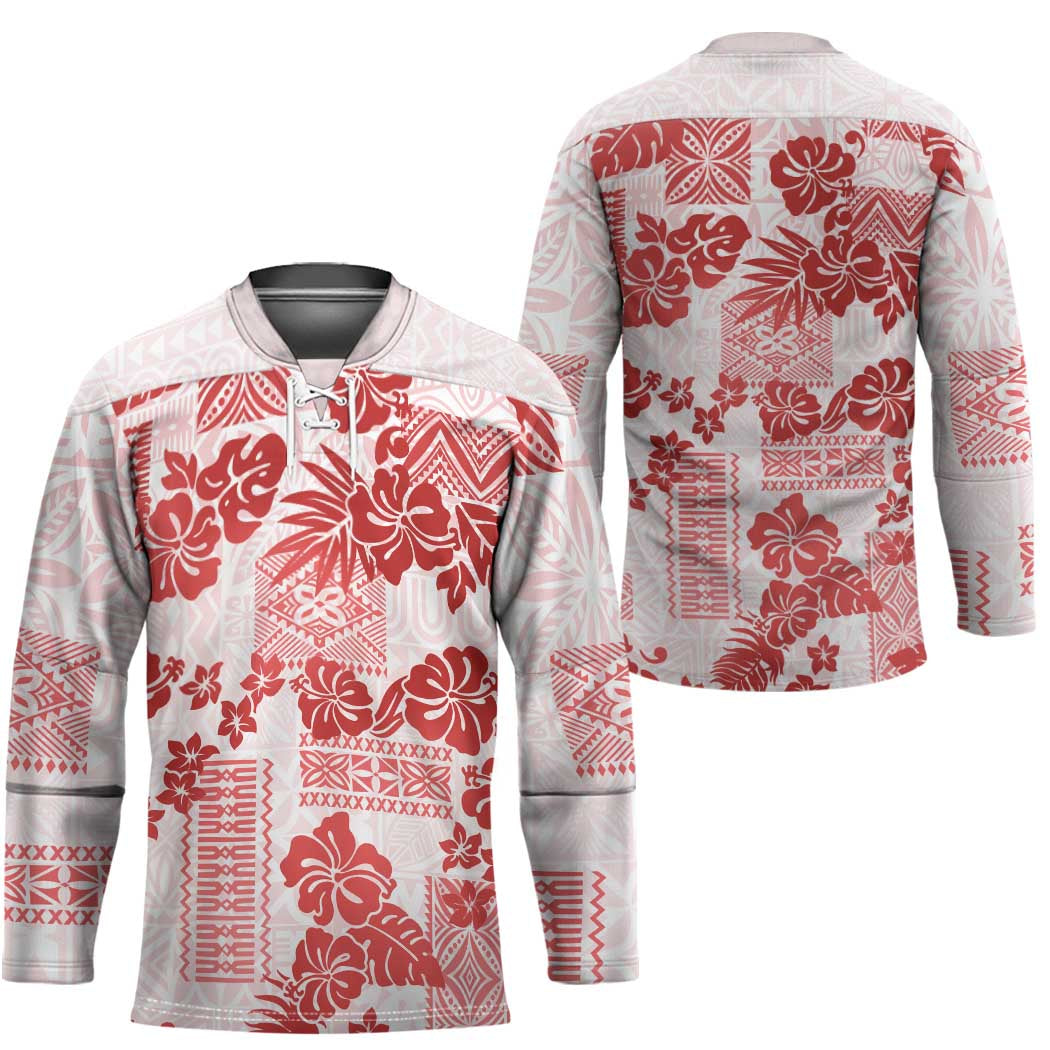 Vintage Hawaii Hockey Jersey Hibiscus Tapa Tribal With Hawaiian Quilt Pattern Red LT9 - Polynesian Pride