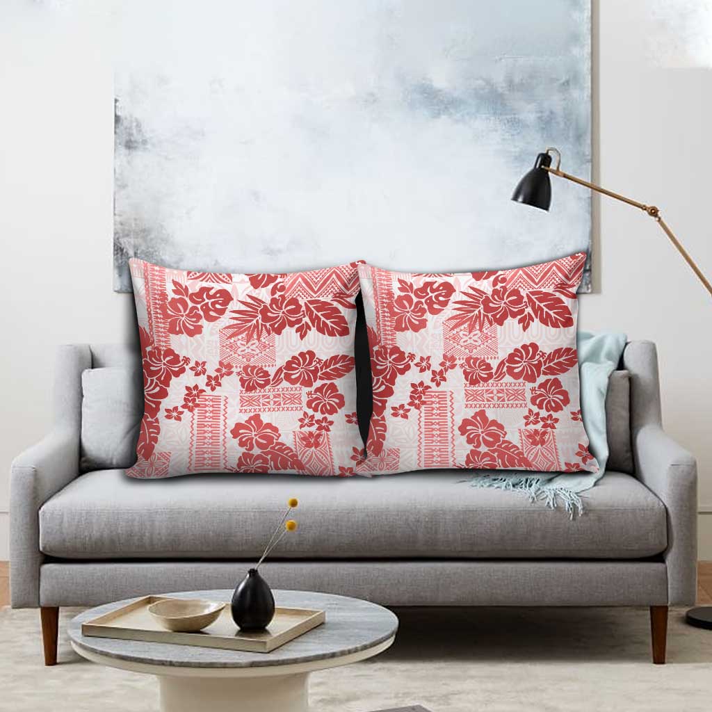 Vintage Hawaii Pillow Cover Hibiscus Tapa Tribal With Hawaiian Quilt Pattern Red - Polynesian Pride