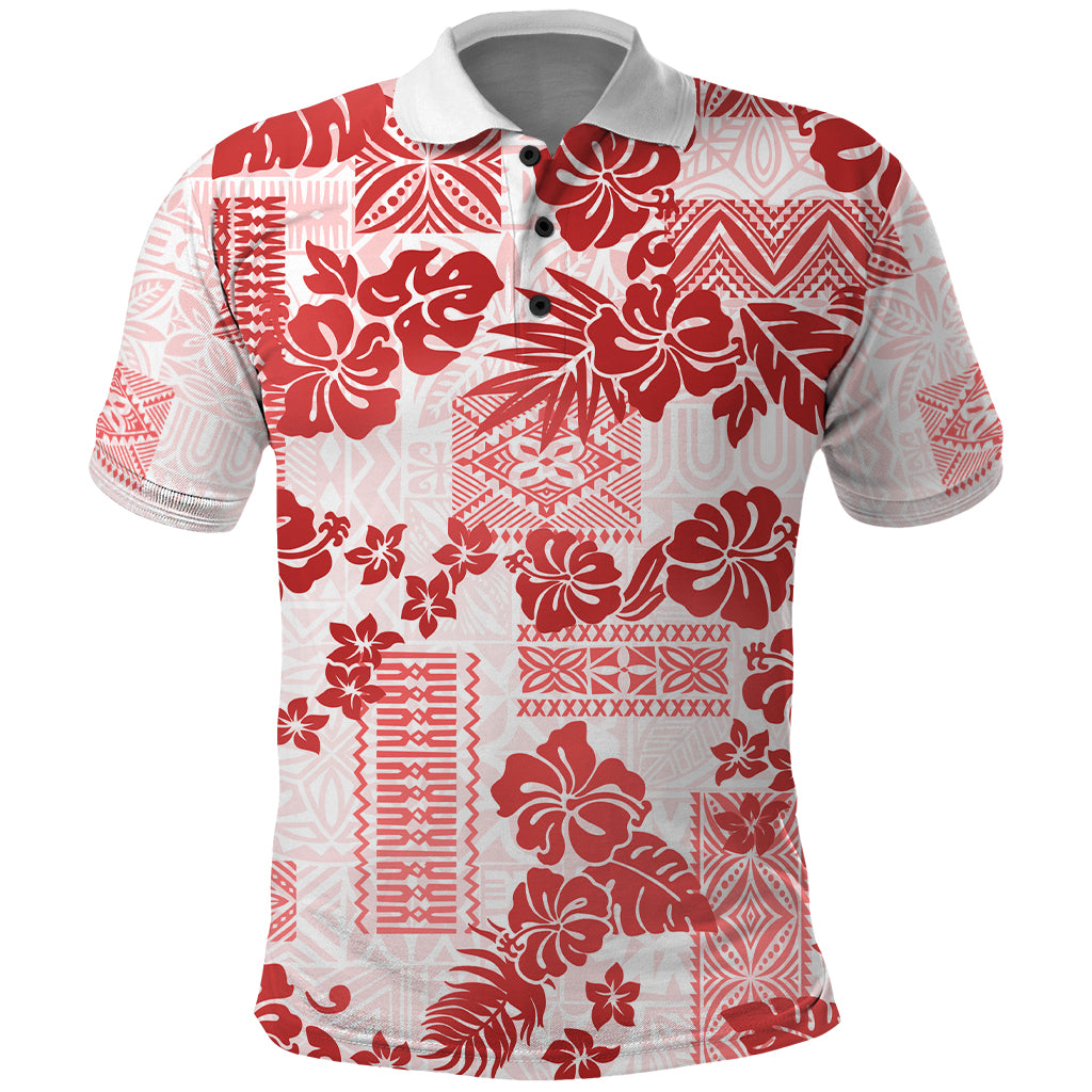 Vintage Hawaii Polo Shirt Hibiscus Tapa Tribal With Hawaiian Quilt Pattern Red LT9 Red - Polynesian Pride