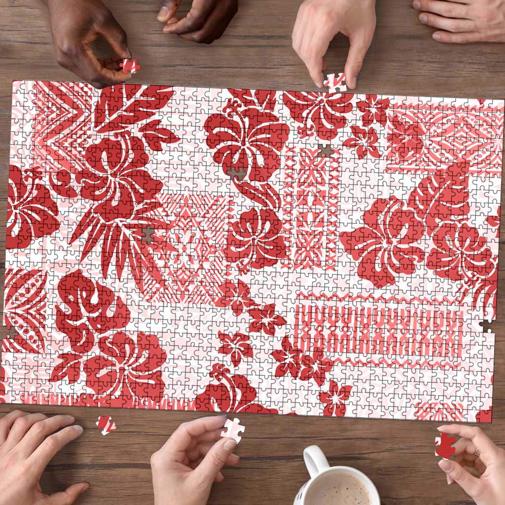 Vintage Hawaii Puzzle Hibiscus Tapa Tribal With Hawaiian Quilt Pattern Red LT9 - Polynesian Pride