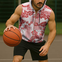 Vintage Hawaii Sleeveless Zip Hoodie Hibiscus Tapa Tribal With Hawaiian Quilt Pattern Red - Polynesian Pride