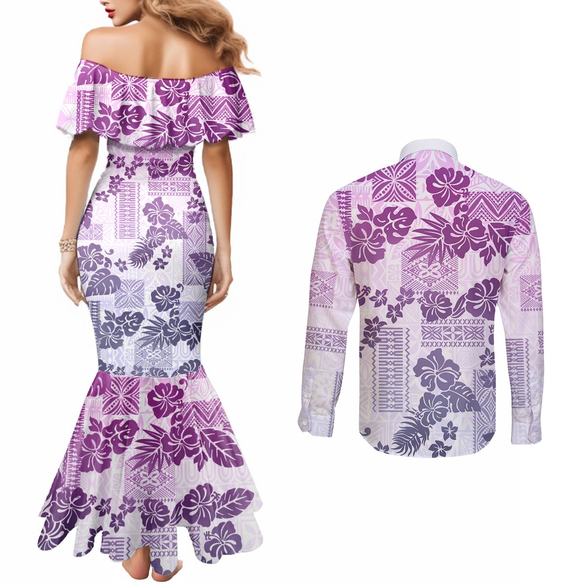 Vintage Hawaii Couples Matching Mermaid Dress and Long Sleeve Button Shirt Hibiscus Tapa Tribal With Hawaiian Quilt Pattern Violet LT9 - Polynesian Pride