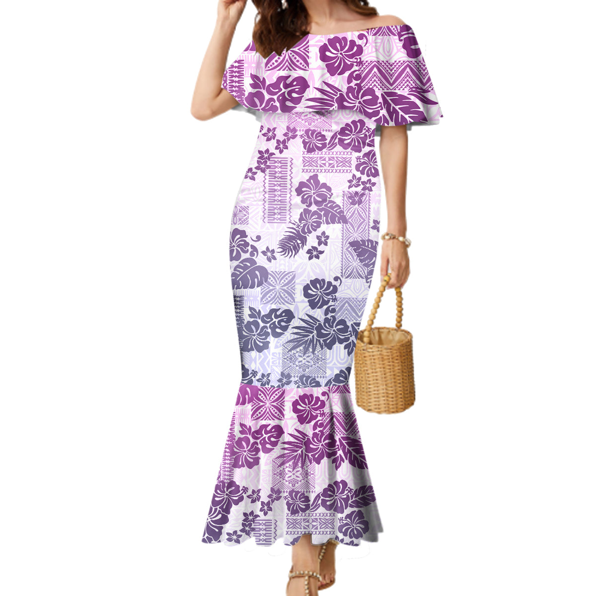 Vintage Hawaii Family Matching Mermaid Dress and Hawaiian Shirt Hibiscus Tapa Tribal With Hawaiian Quilt Pattern Violet LT9 Mom's Dress Violet - Polynesian Pride