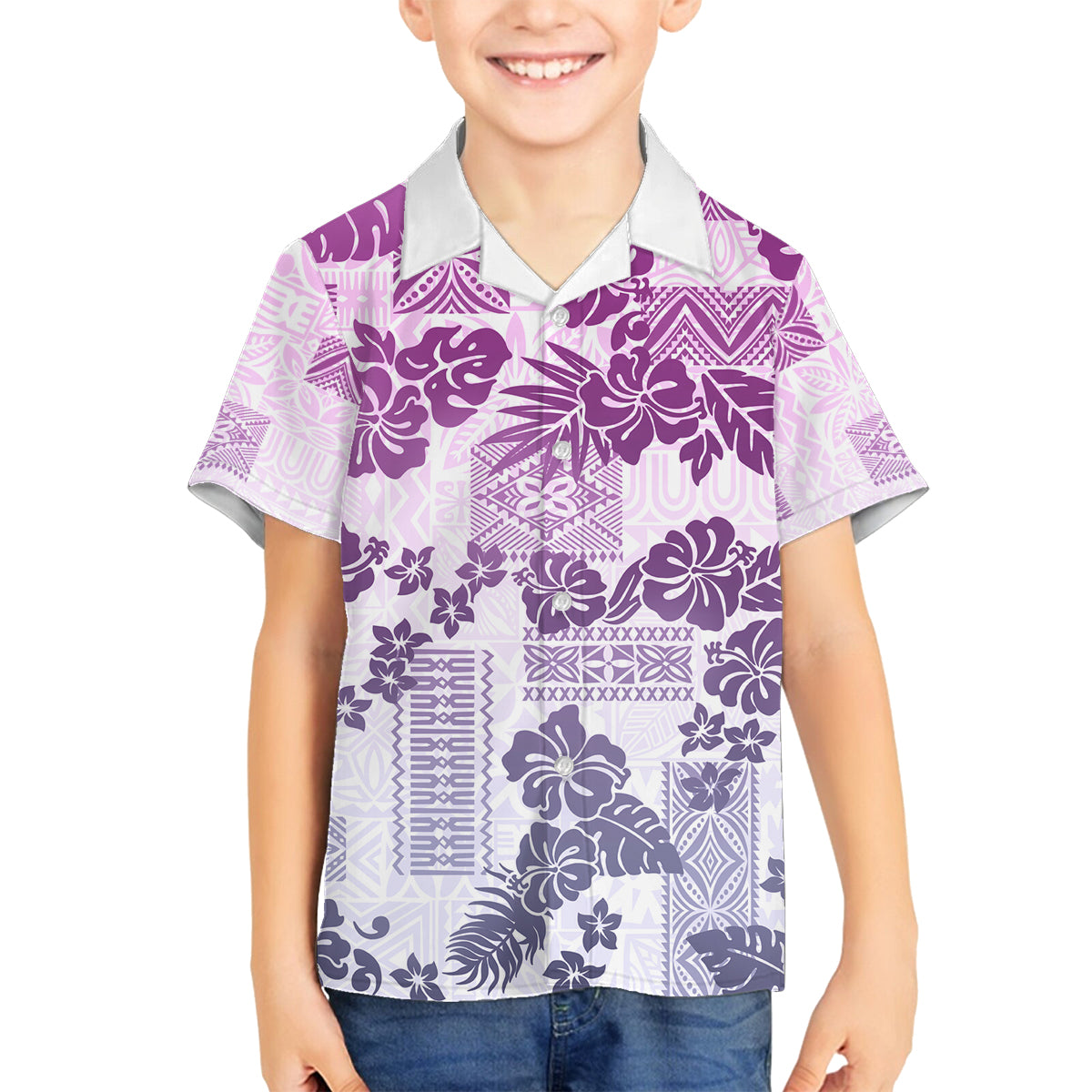 Vintage Hawaii Family Matching Off Shoulder Short Dress and Hawaiian Shirt Hibiscus Tapa Tribal With Hawaiian Quilt Pattern Violet LT9 Son's Shirt Violet - Polynesian Pride