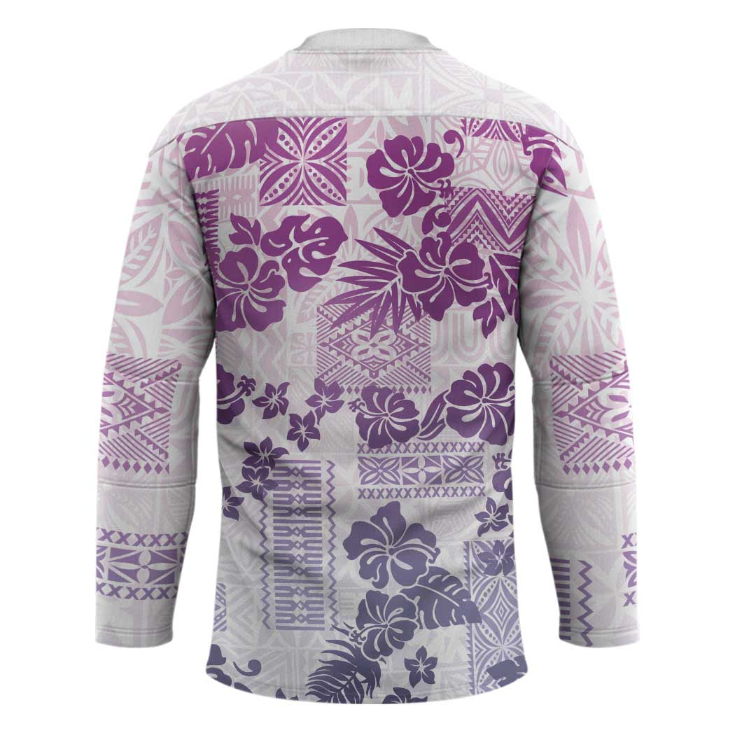 Vintage Hawaii Hockey Jersey Hibiscus Tapa Tribal With Hawaiian Quilt Pattern Violet - Polynesian Pride