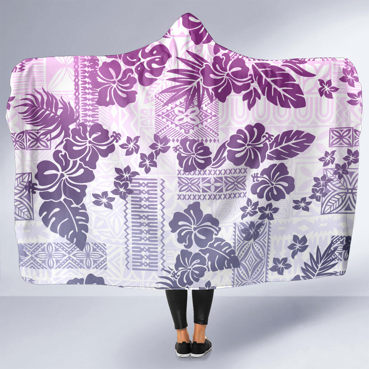 Vintage Hawaii Hooded Blanket Hibiscus Tapa Tribal With Hawaiian Quilt Pattern Violet LT9 - Polynesian Pride