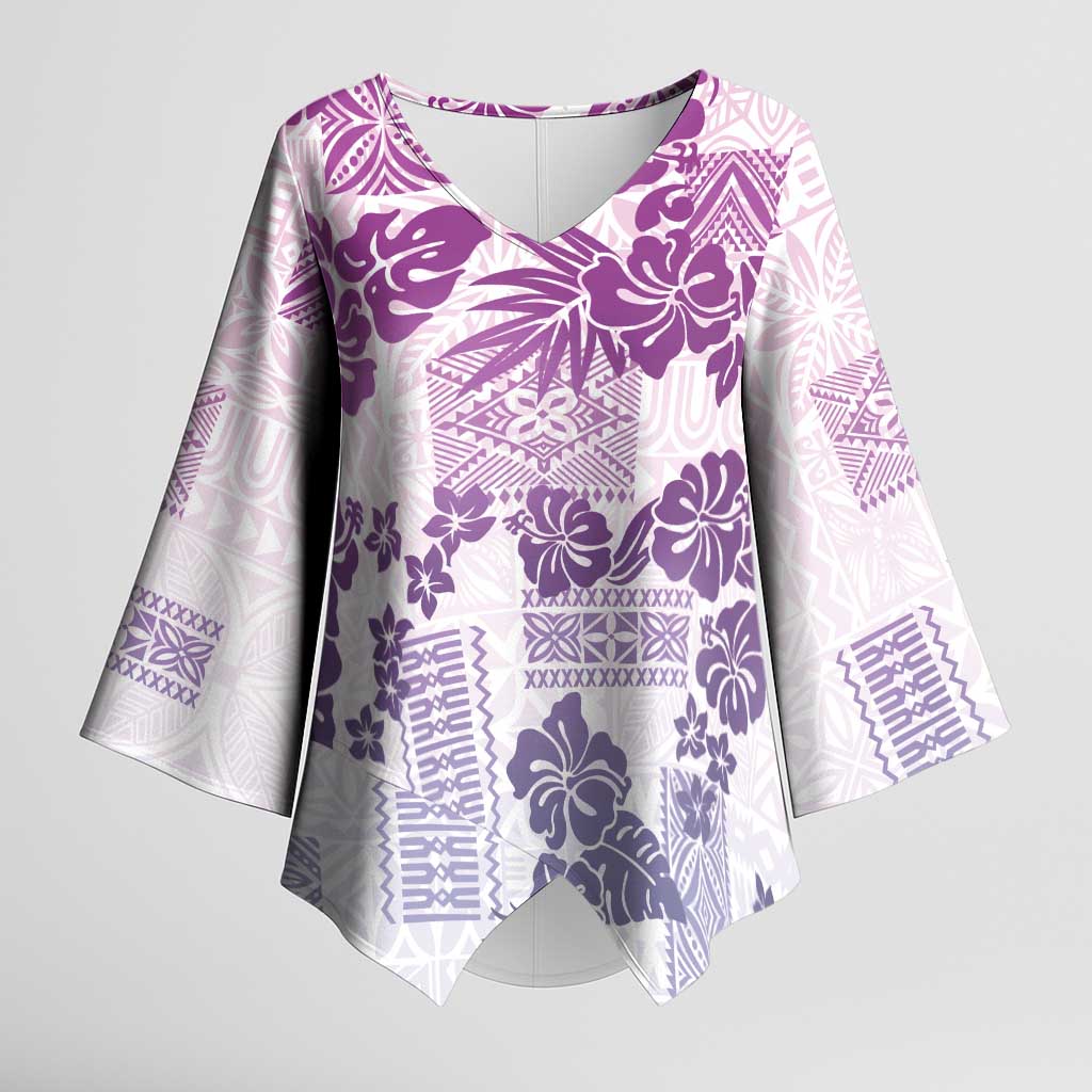 Vintage Hawaii Kimono Sleeve Blouse Hibiscus Tapa Tribal With Hawaiian Quilt Pattern Violet - Polynesian Pride