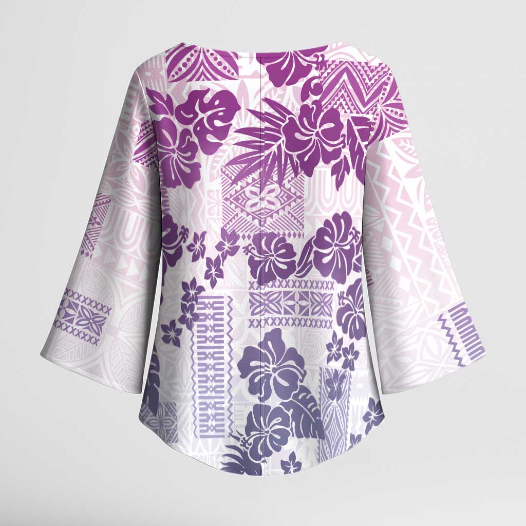 Vintage Hawaii Kimono Sleeve Blouse Hibiscus Tapa Tribal With Hawaiian Quilt Pattern Violet - Polynesian Pride