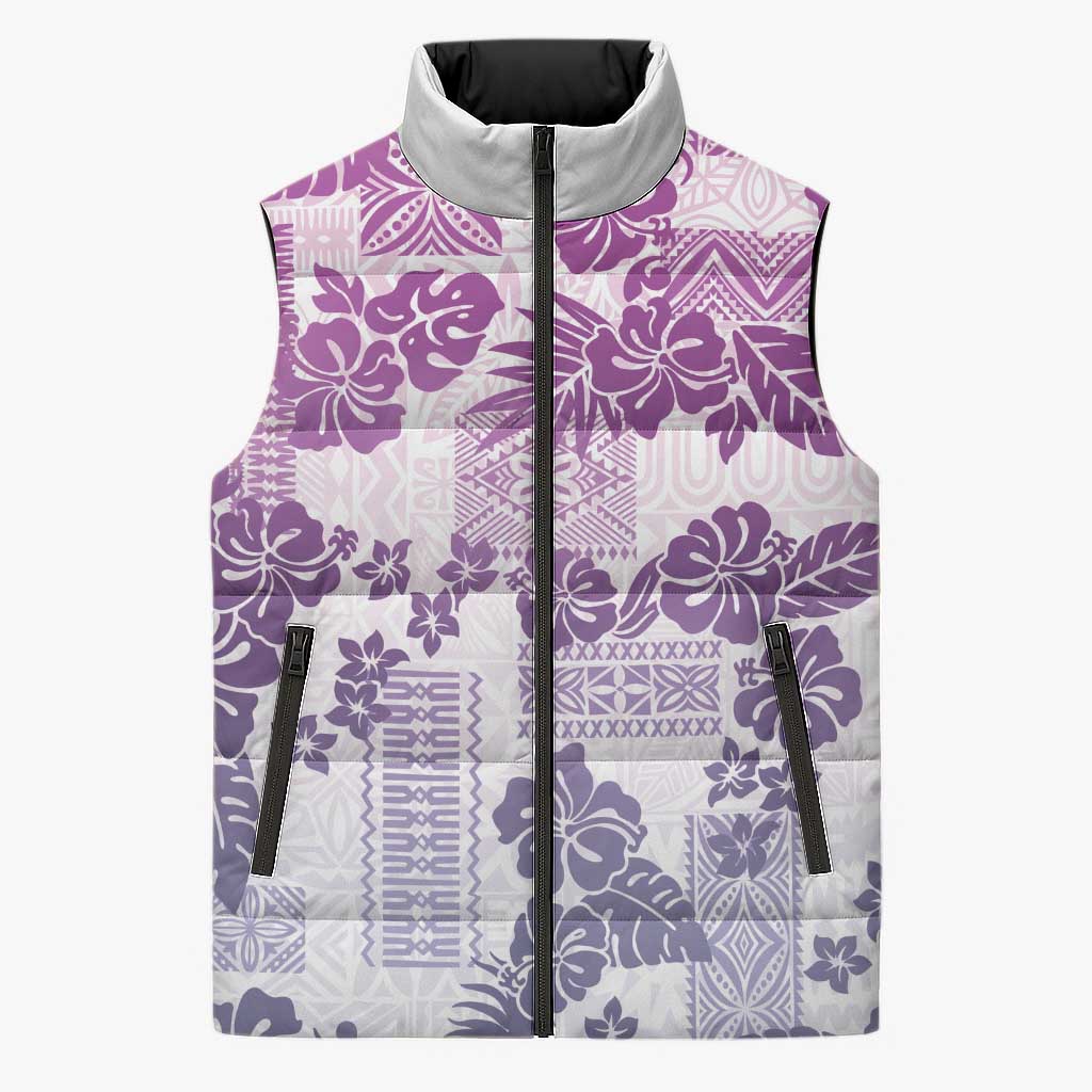 Vintage Hawaii Sleeveless Puffer Jacket Hibiscus Tapa Tribal With Hawaiian Quilt Pattern Violet - Polynesian Pride