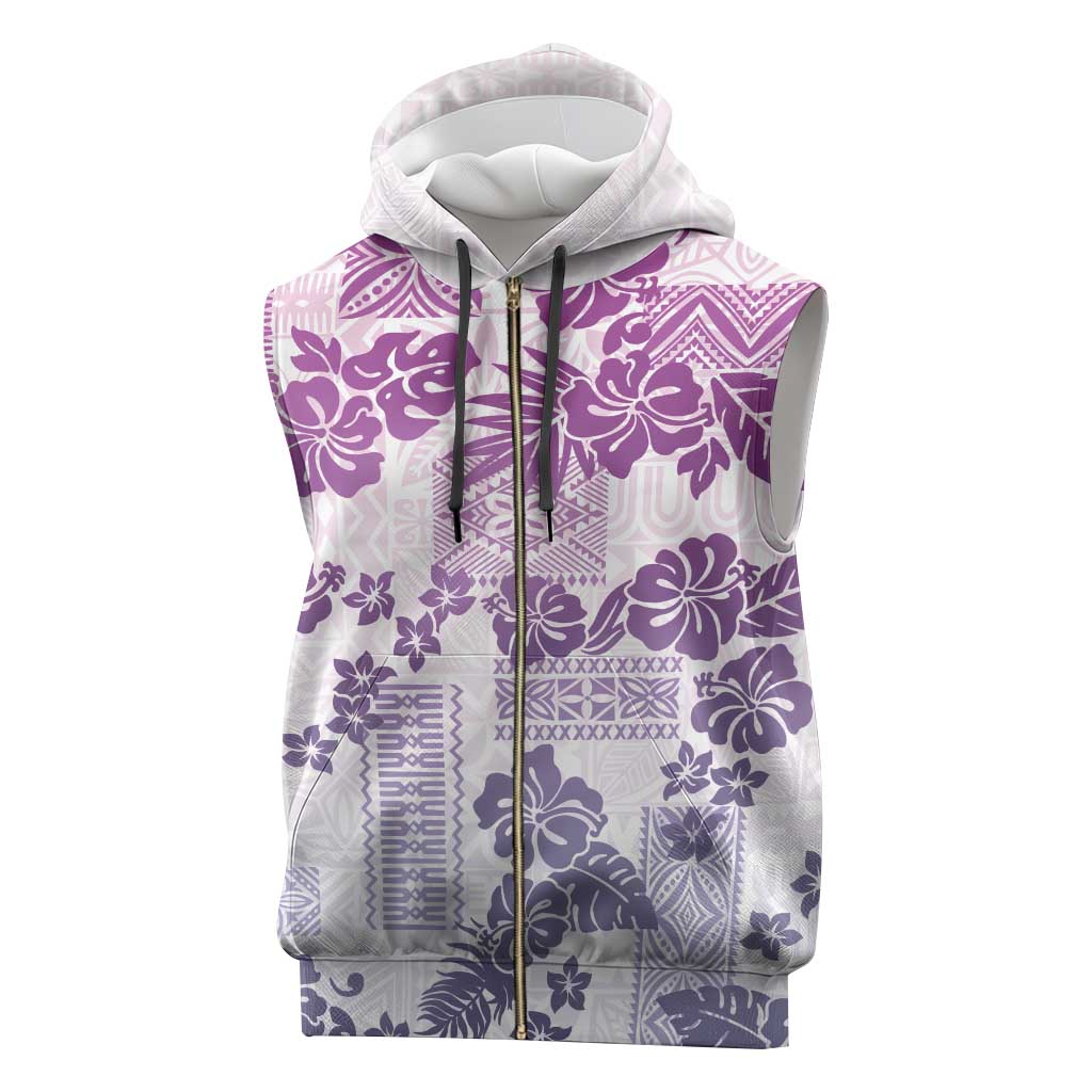 Vintage Hawaii Sleeveless Zip Hoodie Hibiscus Tapa Tribal With Hawaiian Quilt Pattern Violet - Polynesian Pride
