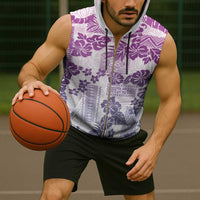 Vintage Hawaii Sleeveless Zip Hoodie Hibiscus Tapa Tribal With Hawaiian Quilt Pattern Violet - Polynesian Pride