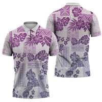 Vintage Hawaii Zipper Polo Shirt Hibiscus Tapa Tribal With Hawaiian Quilt Pattern Violet - Polynesian Pride