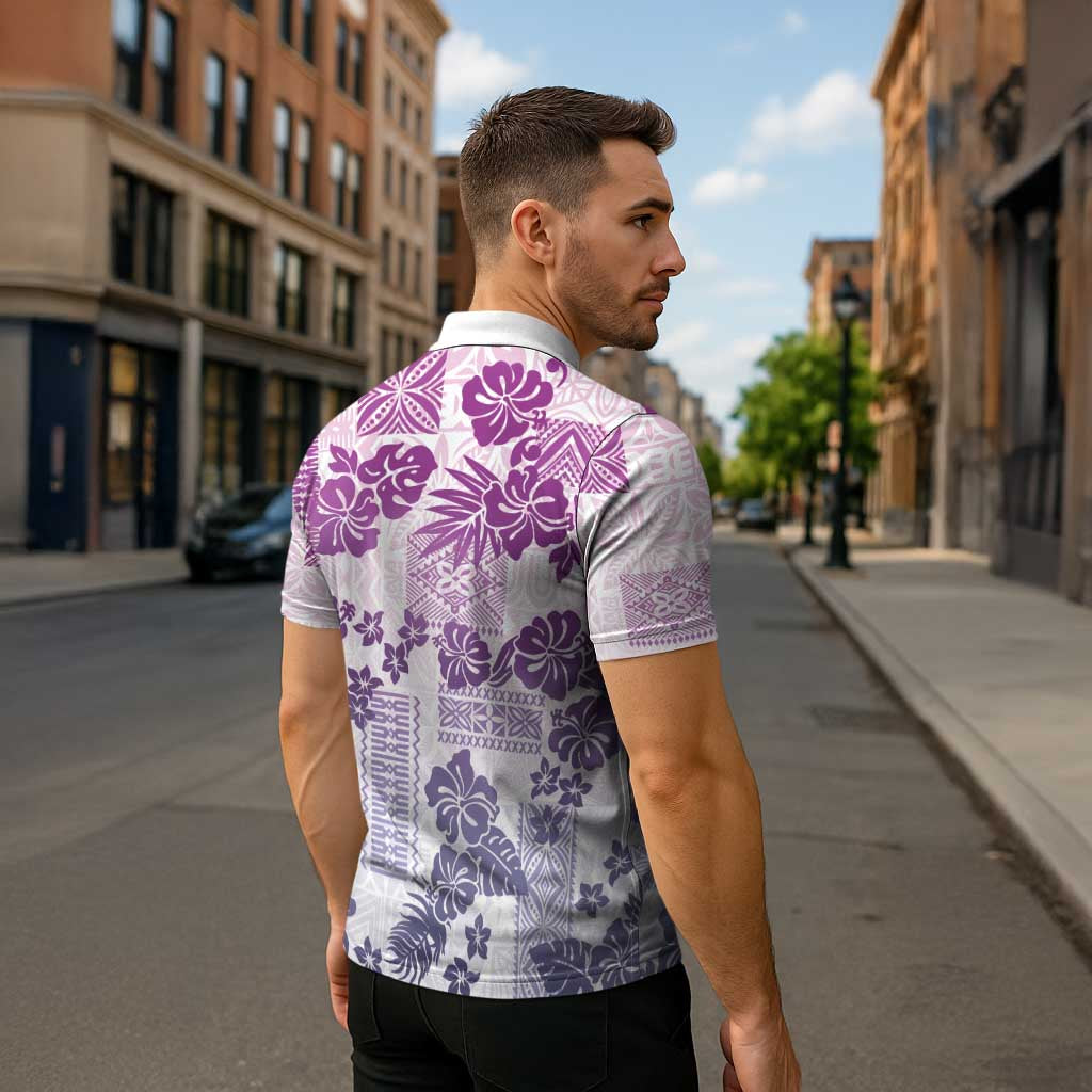 Vintage Hawaii Zipper Polo Shirt Hibiscus Tapa Tribal With Hawaiian Quilt Pattern Violet - Polynesian Pride