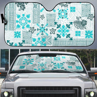 Hawaii Tapa Tribal Auto Sun Shade With Hawaiian Quilt Pattern Aqua - Polynesian Pride