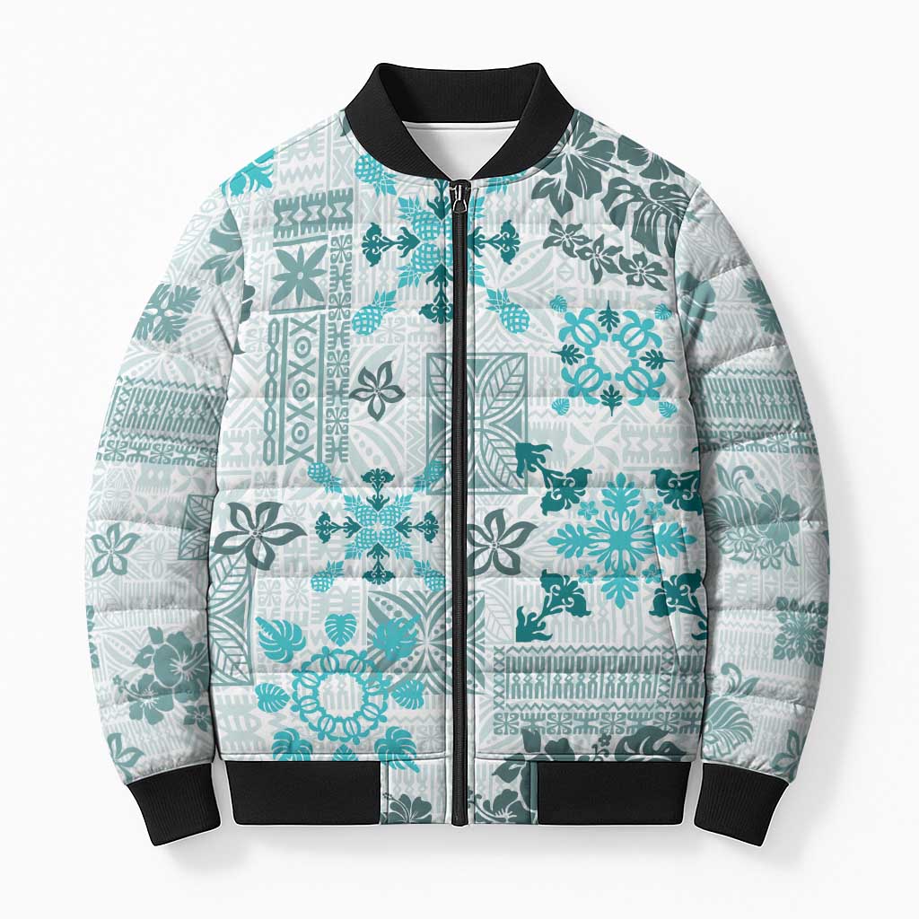 Hawaii Tapa Tribal Bomber Puffer Jacket With Hawaiian Quilt Pattern Aqua LT9 Unisex Aqua - Polynesian Pride