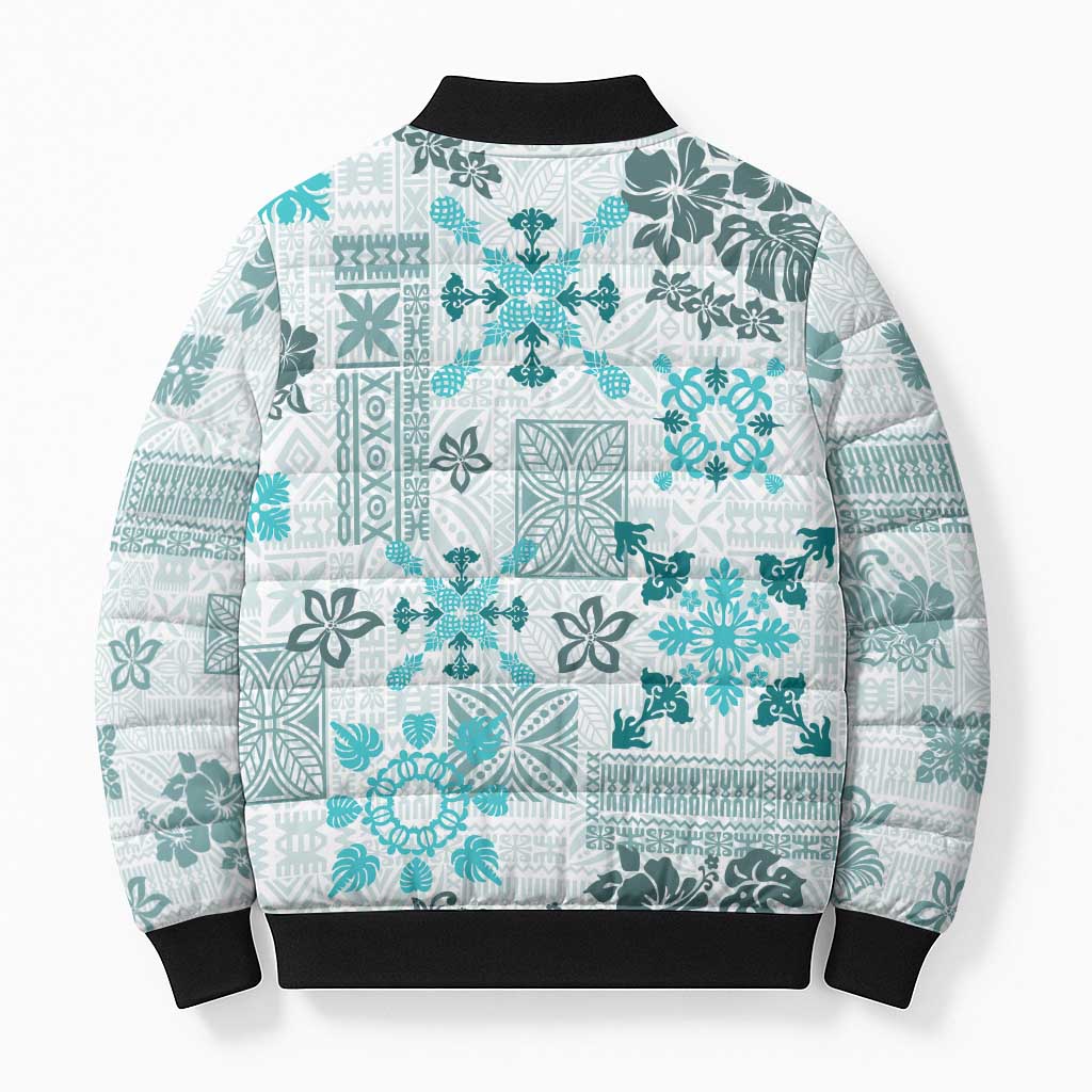 Hawaii Tapa Tribal Bomber Puffer Jacket With Hawaiian Quilt Pattern Aqua LT9 - Polynesian Pride