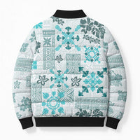 Hawaii Tapa Tribal Bomber Puffer Jacket With Hawaiian Quilt Pattern Aqua LT9 - Polynesian Pride