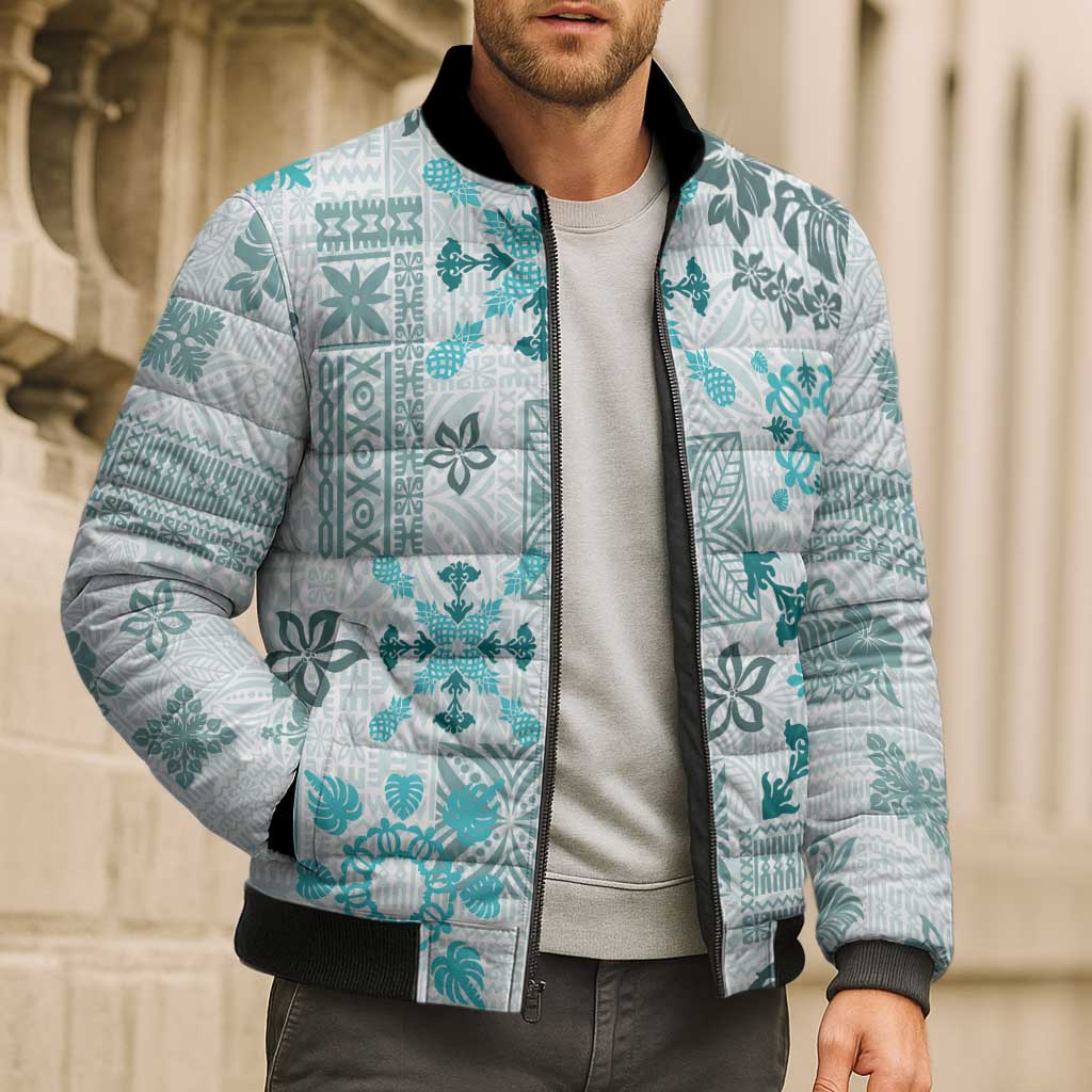 Hawaii Tapa Tribal Bomber Puffer Jacket With Hawaiian Quilt Pattern Aqua LT9 - Polynesian Pride