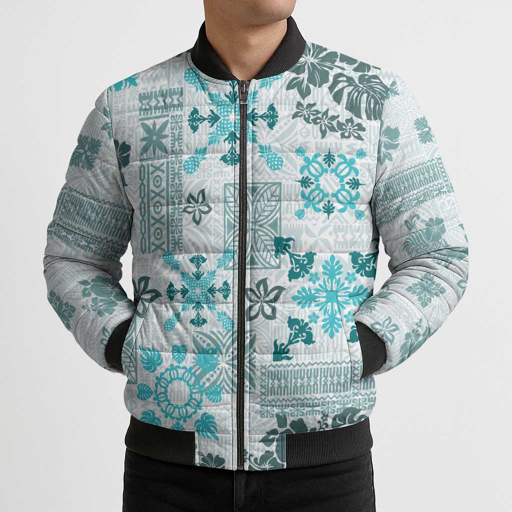 Hawaii Tapa Tribal Bomber Puffer Jacket With Hawaiian Quilt Pattern Aqua LT9 - Polynesian Pride