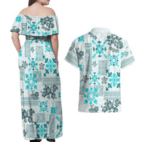 Hawaii Tapa Tribal Couples Matching Off Shoulder Maxi Dress and Hawaiian Shirt With Hawaiian Quilt Pattern Aqua LT9 - Polynesian Pride