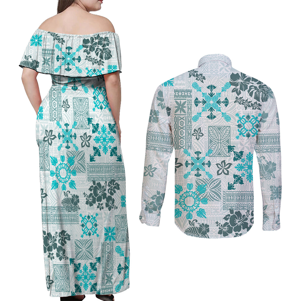 Hawaii Tapa Tribal Couples Matching Off Shoulder Maxi Dress and Long Sleeve Button Shirt With Hawaiian Quilt Pattern Aqua LT9 - Polynesian Pride