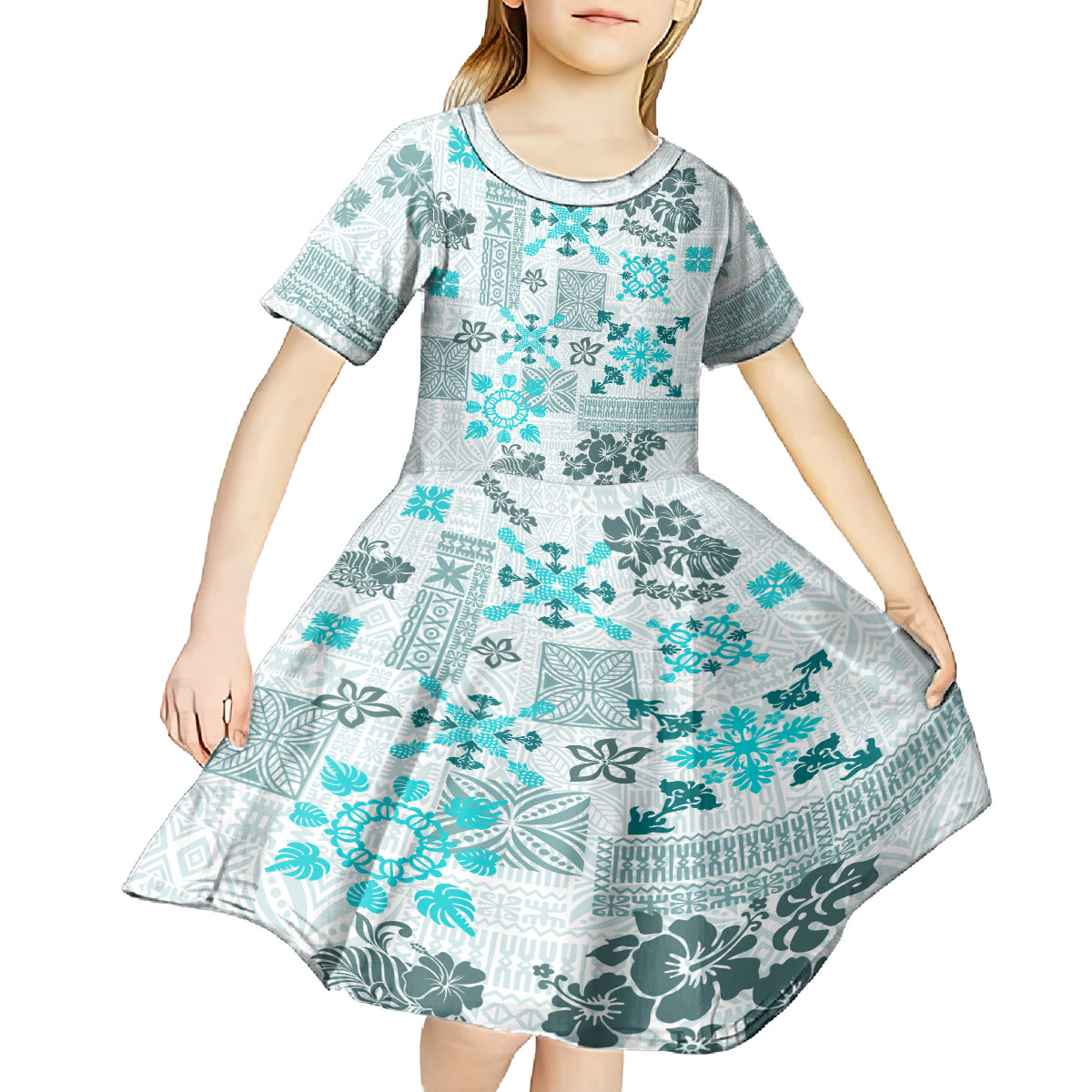 Hawaii Tapa Tribal Kid Short Sleeve Dress With Hawaiian Quilt Pattern Aqua LT9 - Polynesian Pride