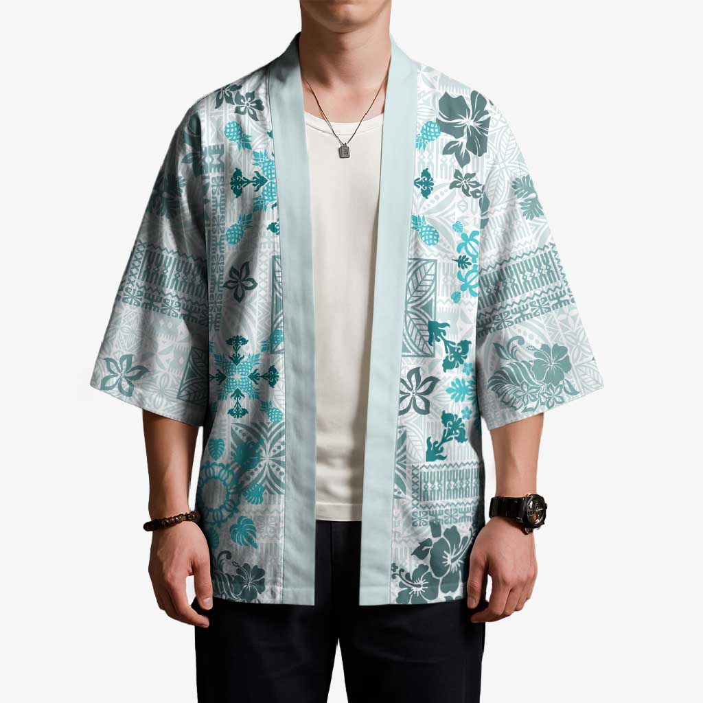 Hawaii Tapa Tribal Kimono With Hawaiian Quilt Pattern Aqua - Polynesian Pride