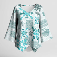 Hawaii Tapa Tribal Kimono Sleeve Blouse With Hawaiian Quilt Pattern Aqua - Polynesian Pride