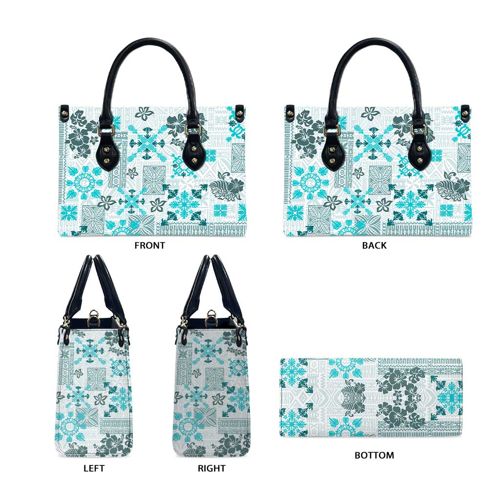 Hawaii Tapa Tribal Leather Bag With Hawaiian Quilt Pattern Aqua - Polynesian Pride