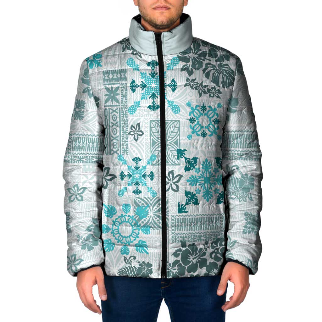 Hawaii Tapa Tribal Padded Jacket With Hawaiian Quilt Pattern Aqua - Polynesian Pride