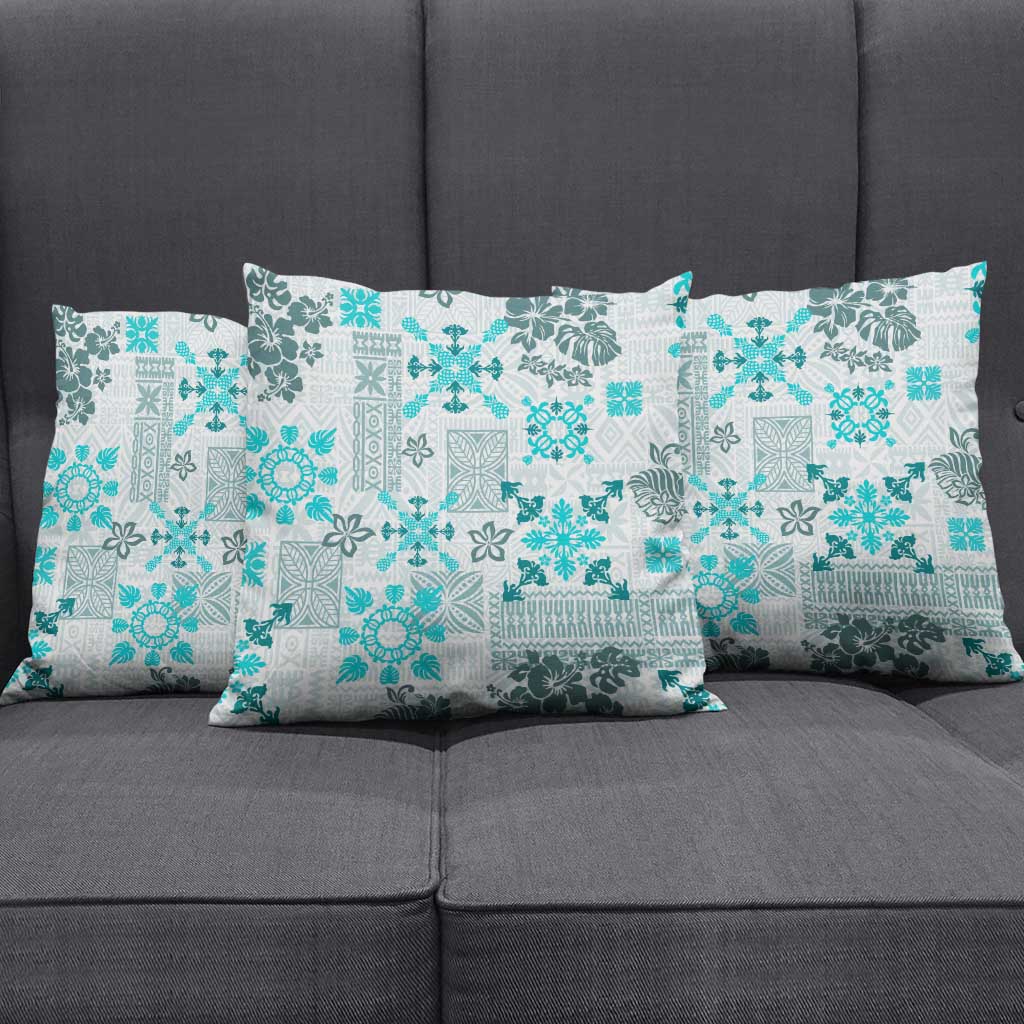 Hawaii Tapa Tribal Pillow Cover With Hawaiian Quilt Pattern Aqua - Polynesian Pride