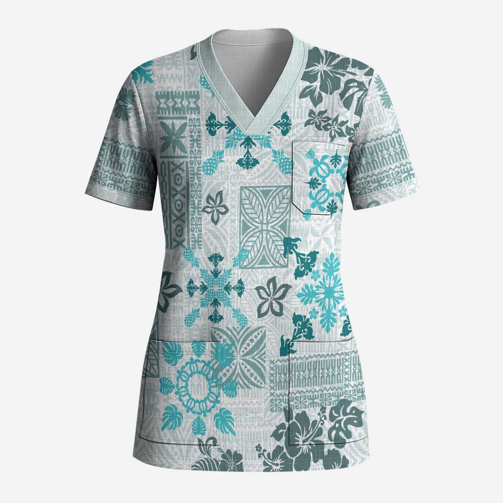 Hawaii Tapa Tribal Scrub Top With Hawaiian Quilt Pattern Aqua - Polynesian Pride