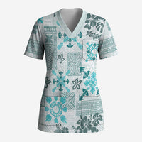Hawaii Tapa Tribal Scrub Top With Hawaiian Quilt Pattern Aqua - Polynesian Pride