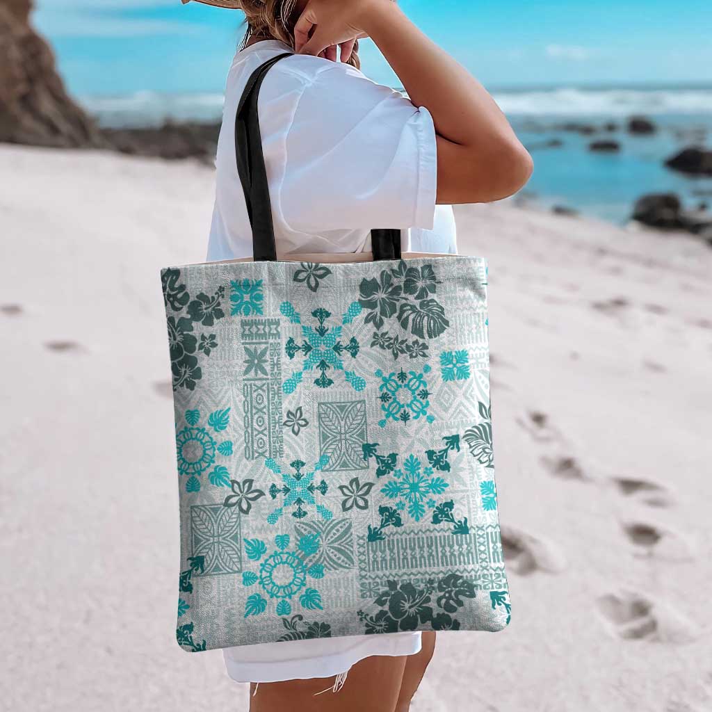 Hawaii Tapa Tribal Tote Bag With Hawaiian Quilt Pattern Aqua - Polynesian Pride