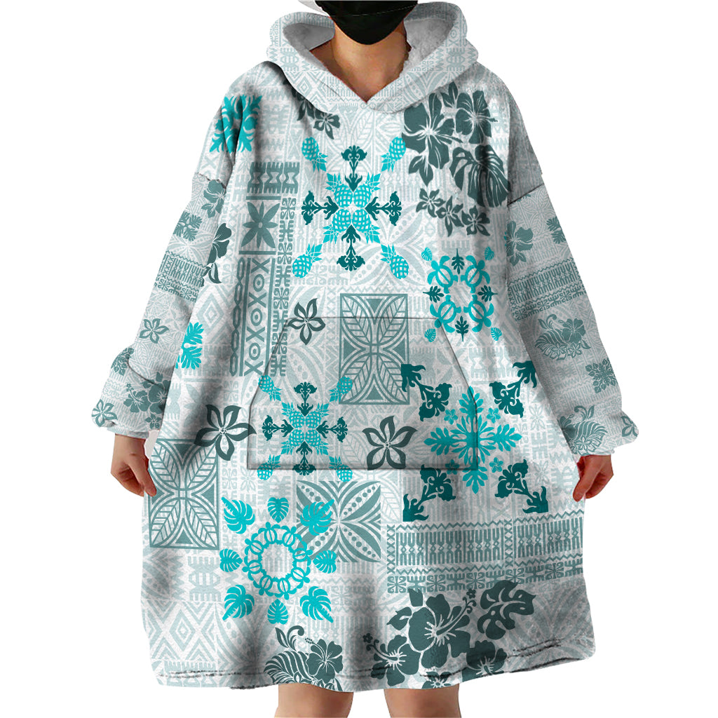 Hawaii Tapa Tribal Wearable Blanket Hoodie With Hawaiian Quilt Pattern Aqua LT9 - Polynesian Pride