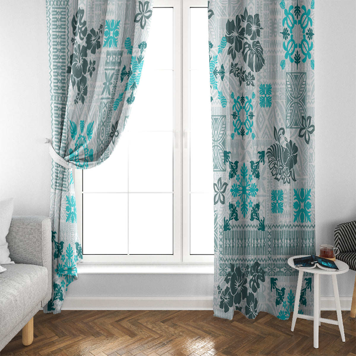 Hawaii Tapa Tribal Window Curtain With Hawaiian Quilt Pattern Aqua LT9 - Polynesian Pride