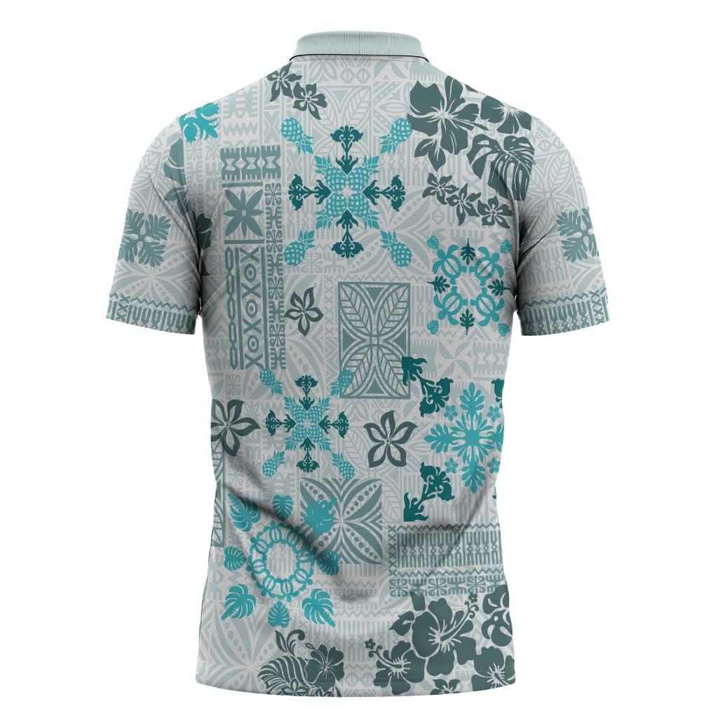 Hawaii Tapa Tribal Zipper Polo Shirt With Hawaiian Quilt Pattern Aqua - Polynesian Pride