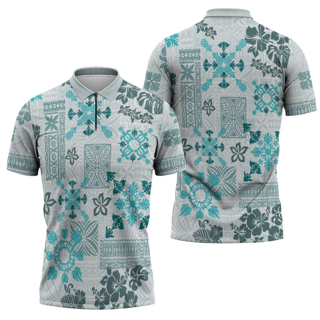 Hawaii Tapa Tribal Zipper Polo Shirt With Hawaiian Quilt Pattern Aqua - Polynesian Pride
