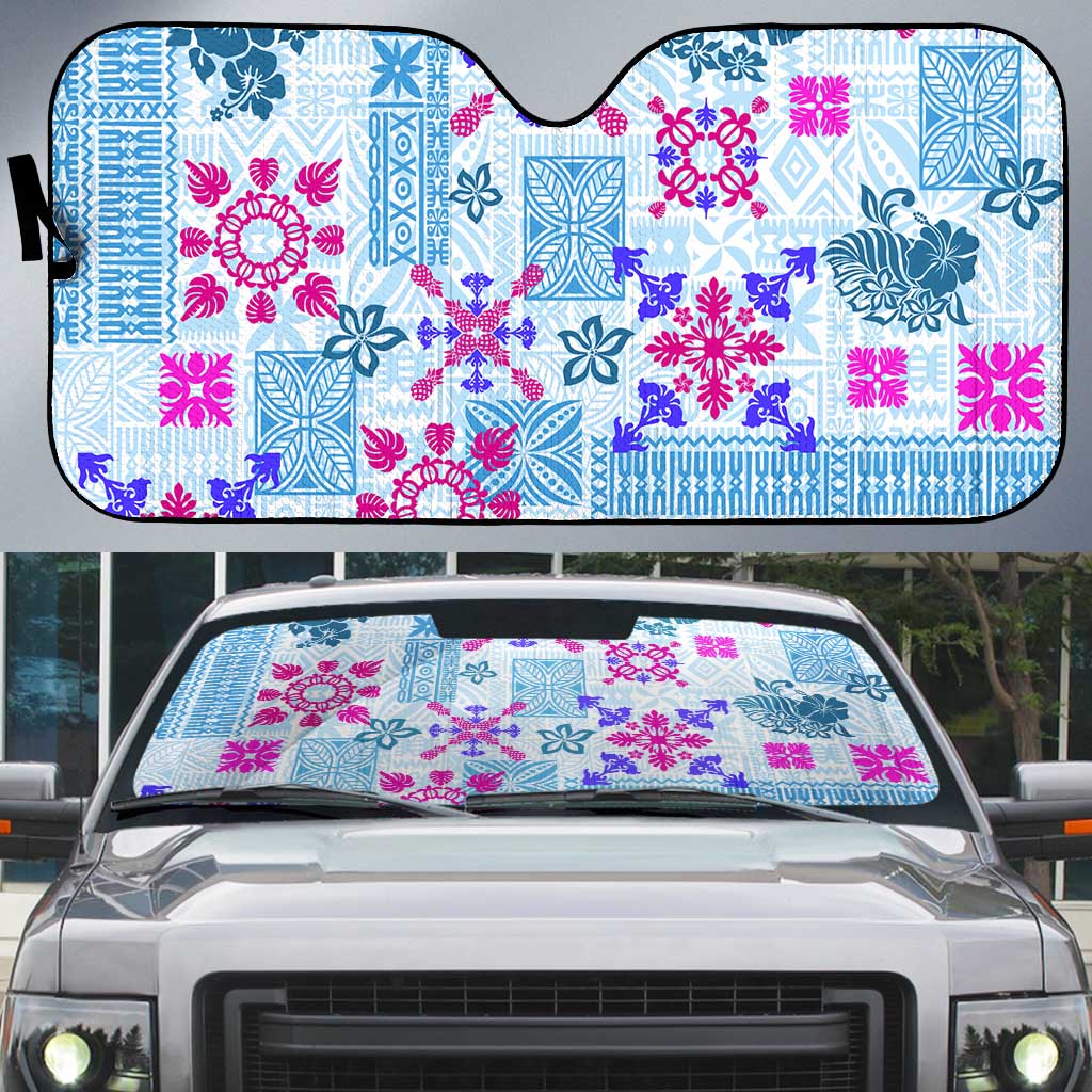 Hawaii Tapa Tribal Auto Sun Shade With Hawaiian Quilt Pattern Blue - Polynesian Pride