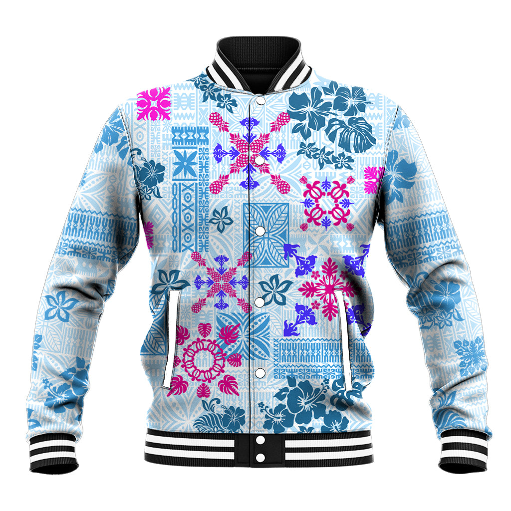 Hawaii Tapa Tribal Baseball Jacket With Hawaiian Quilt Pattern Blue LT9 Unisex Blue - Polynesian Pride