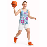 Hawaii Tapa Tribal Basketball Jersey With Hawaiian Quilt Pattern Blue - Polynesian Pride