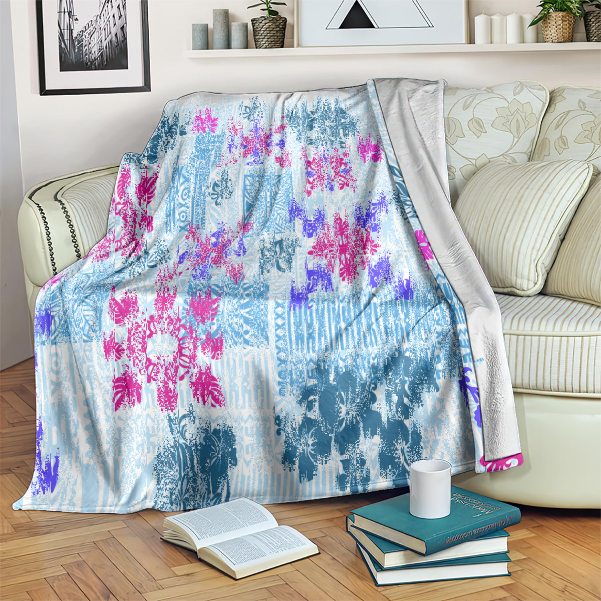 Hawaii Tapa Tribal Blanket With Hawaiian Quilt Pattern Blue LT9 - Polynesian Pride