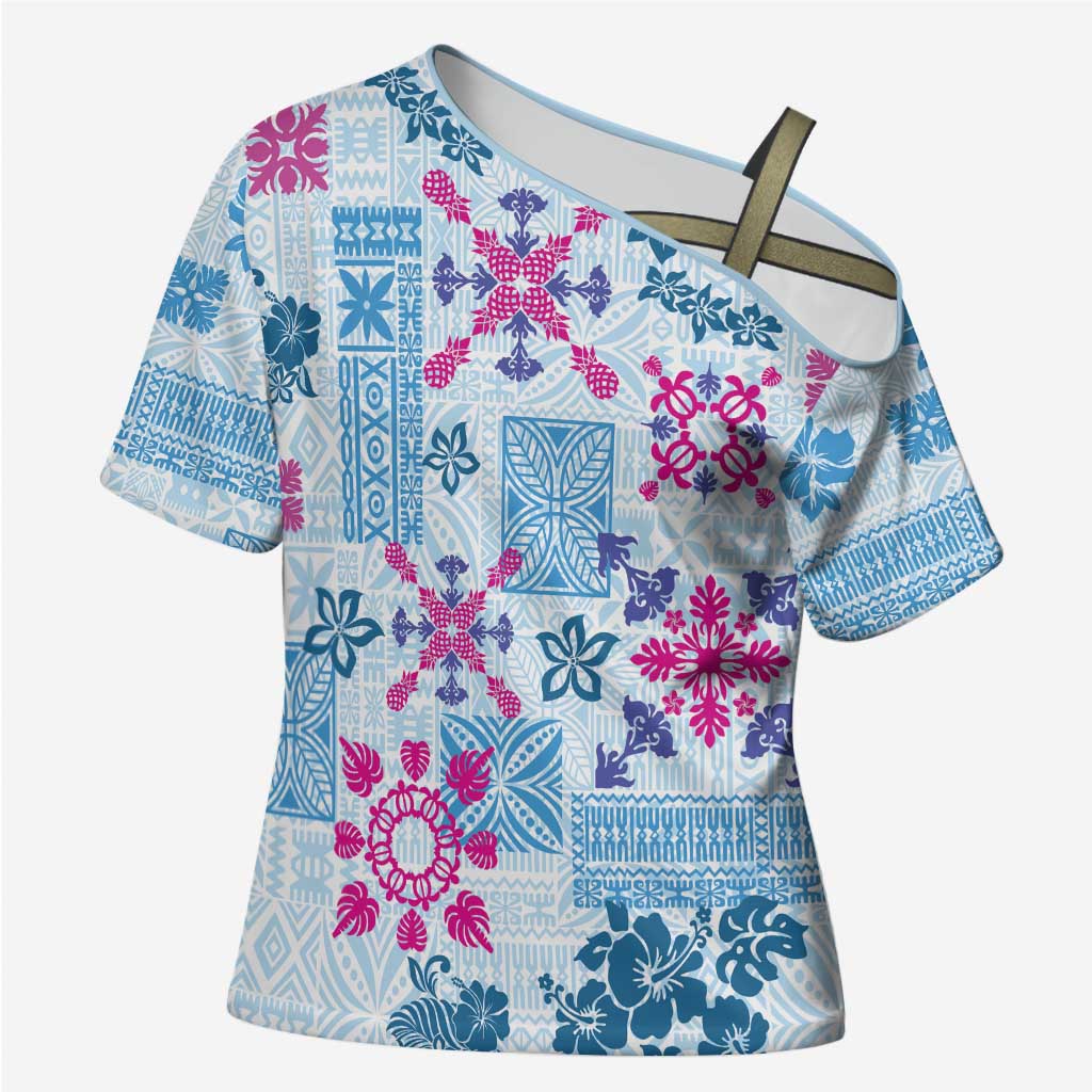 Hawaii Tapa Tribal Cross Shoulder Shirt With Hawaiian Quilt Pattern Blue LT9 Female Blue - Polynesian Pride