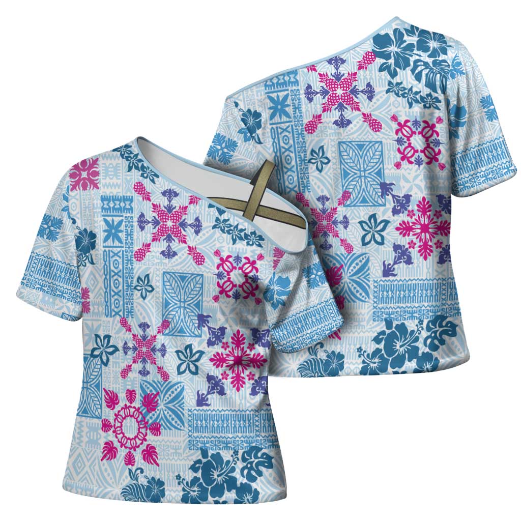 Hawaii Tapa Tribal Cross Shoulder Shirt With Hawaiian Quilt Pattern Blue LT9 - Polynesian Pride